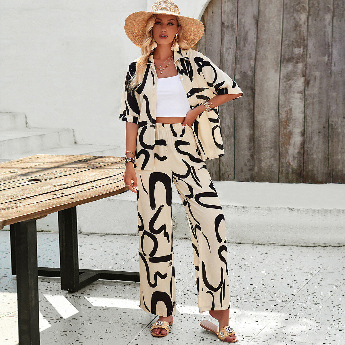 Bohemian Printed Casual Short Sleeve Pants Set