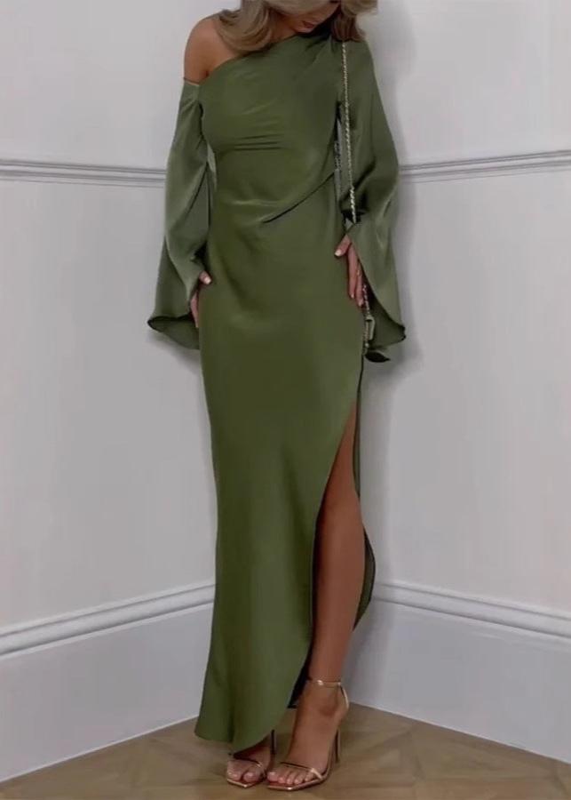 One Shoulder Satin Gown With Draped Sleeve