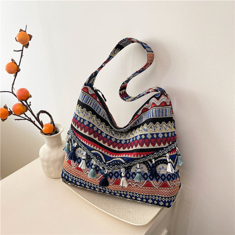Trendy Ethnic Style Large Canvas Tote Bag with Fringe