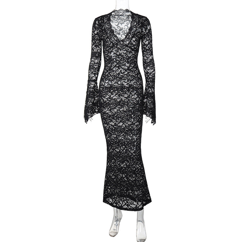 Sexy Deep V Lace Pattern Sheer Long Sleeve Maxi Dress