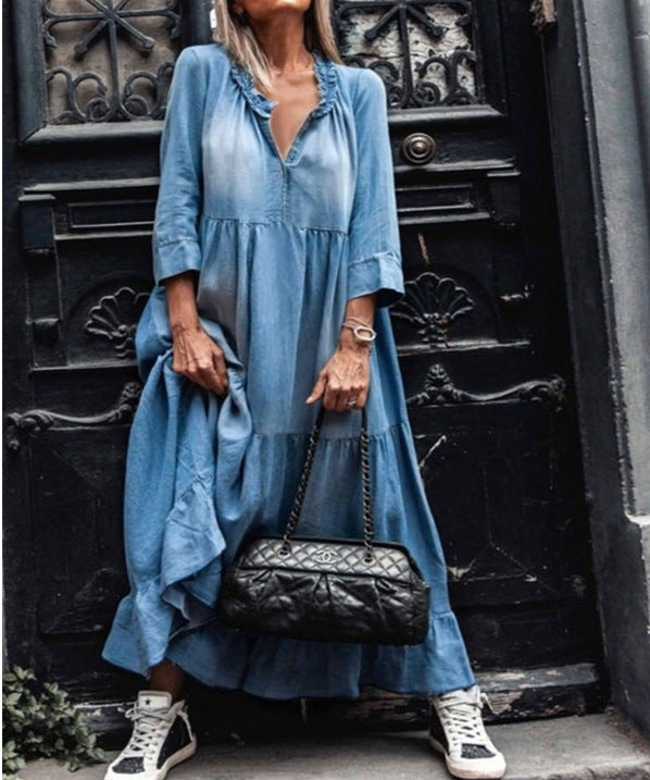 New Washed Denim Large Swing Long Skirt With Medium And Long Sleeves