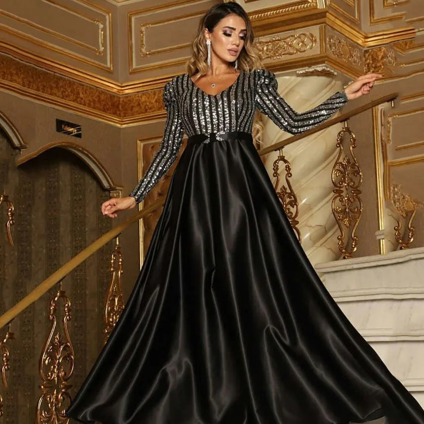 Deep V Neck A-Line Maxi Dress With Train For Evening Parties