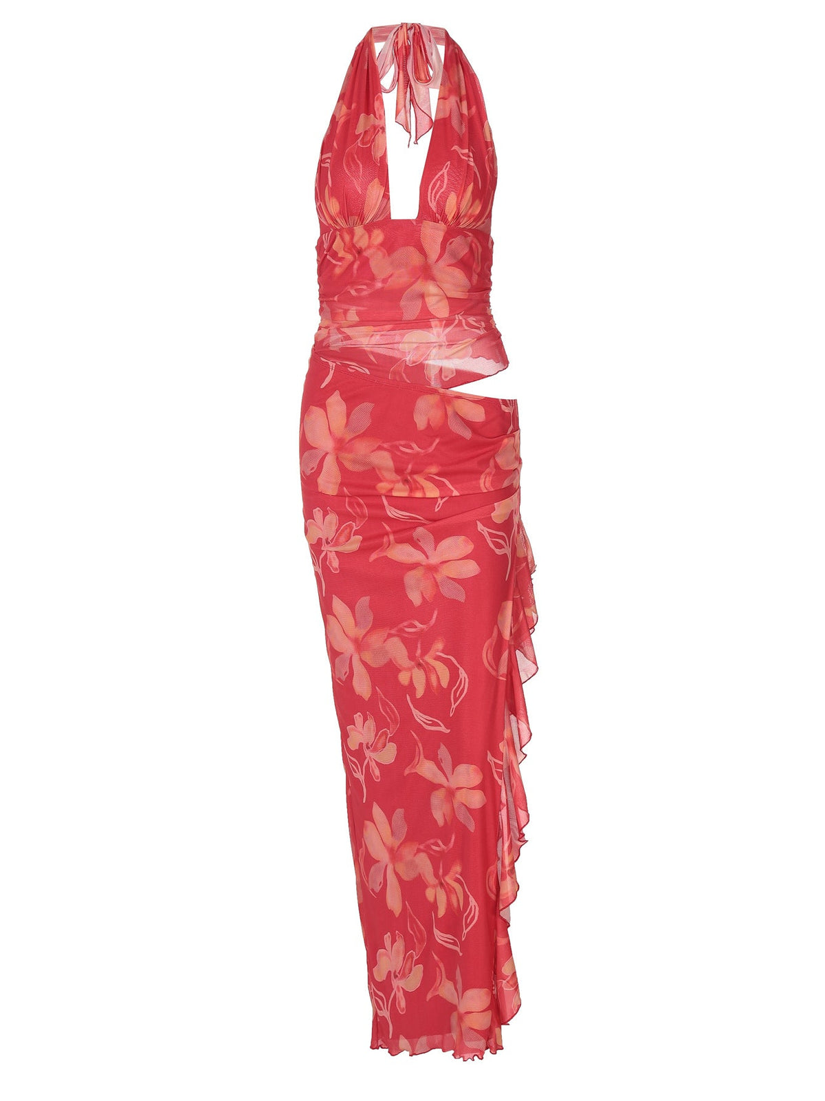 Sexy Deep V Neckline Flare Dress with Ruffle Hem