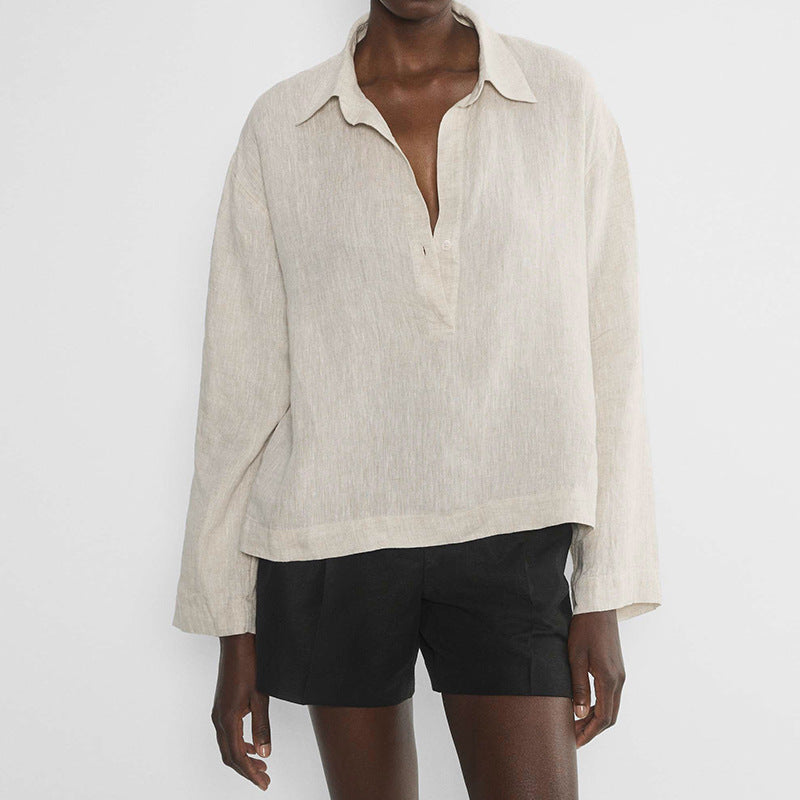 Long Sleeve Polo Collar Shirt Elegant Linen Blouse