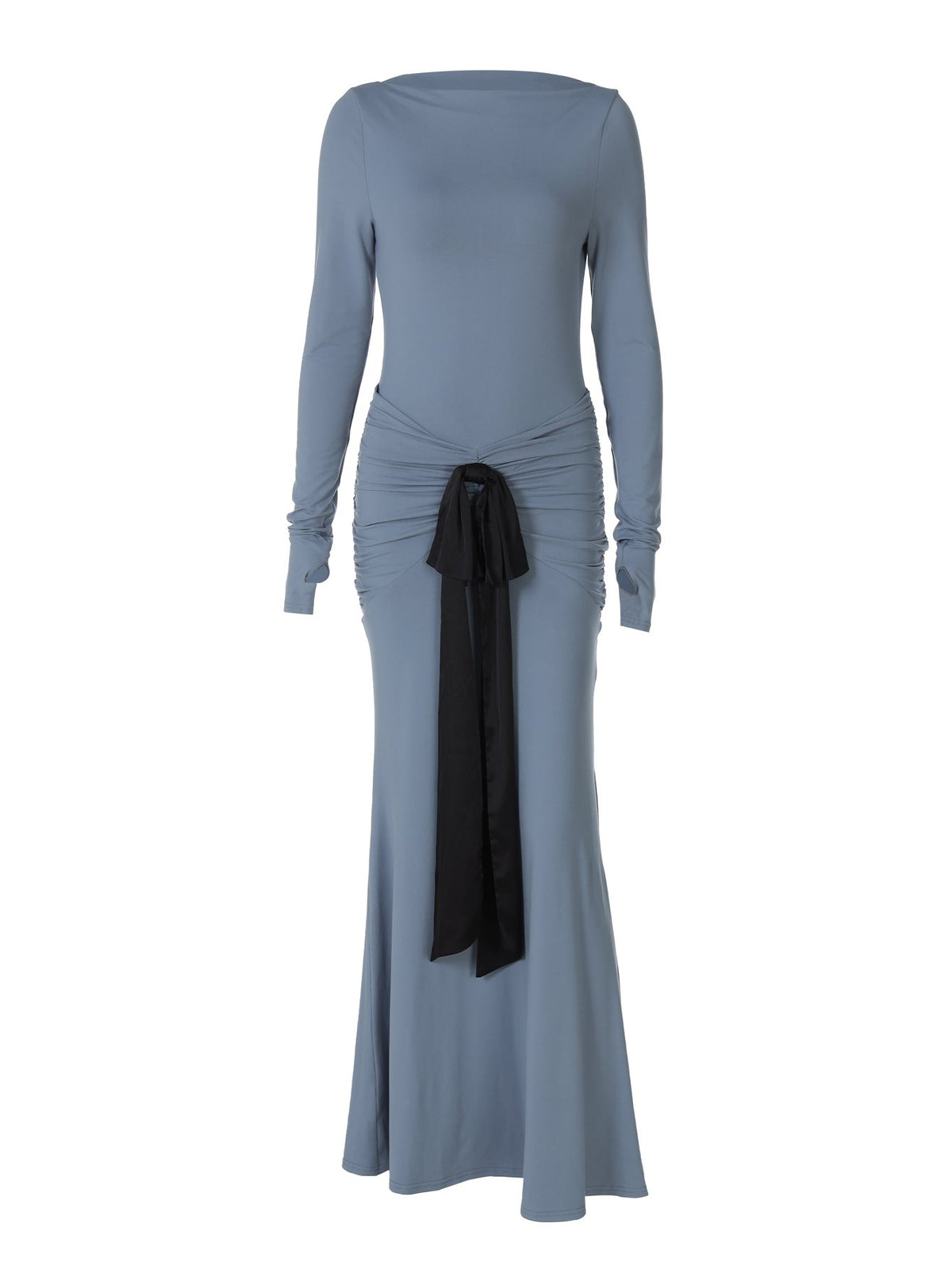 Fashionable Solid Color Long Sleeve Dress with Waist Tie