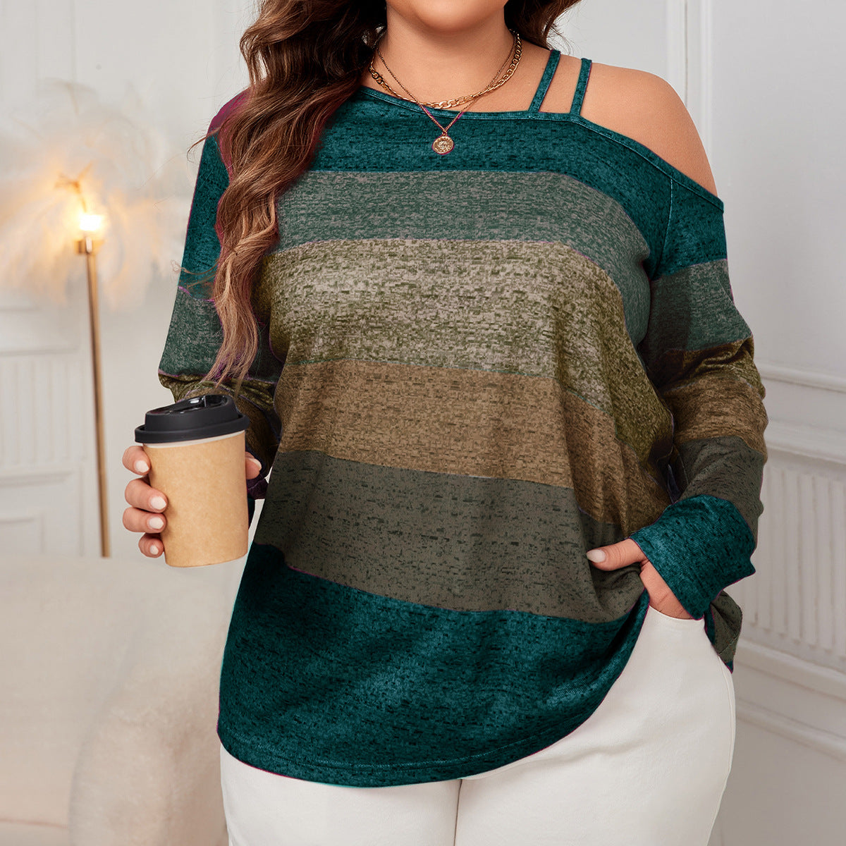 Off-Shoulder Loose Long Sleeve Shirt Color Block Top