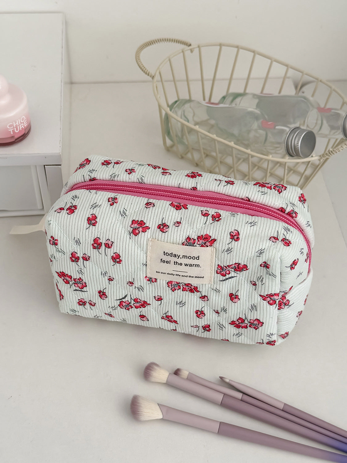 Floral Corduroy Makeup Bag Stylish Portable Toiletry Pouch