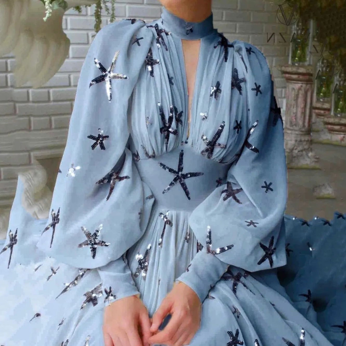 New Sequined Lantern Sleeve High-Low Chiffon Dress