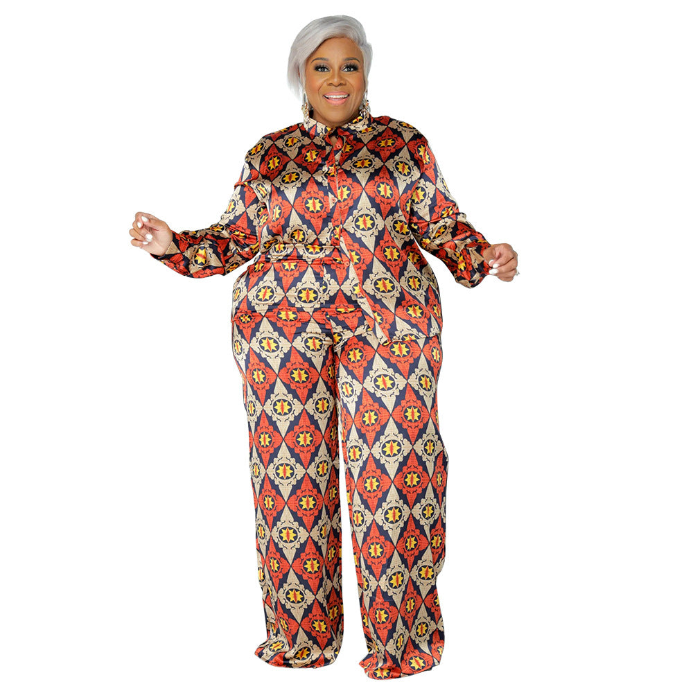 Plus Size Floral Print Silk Feel Long Sleeve Outfit