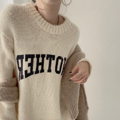 Fall Letter Print Round Neck Oversized Knit Sweater