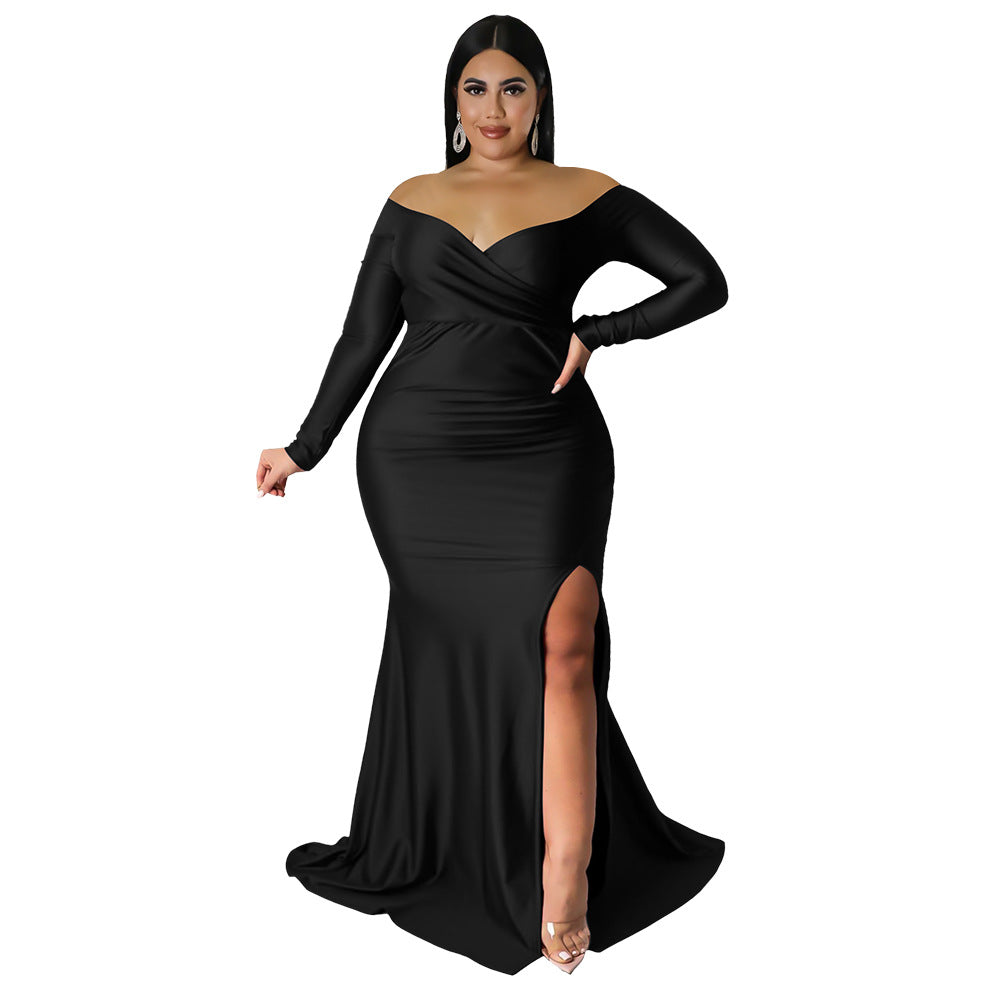 V-Neck Long Dress Elegant Solid Color Evening Dress