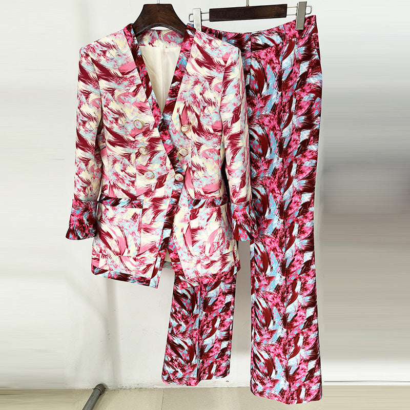 Feather Print Unlined Blazer With Wide Leg Trousers