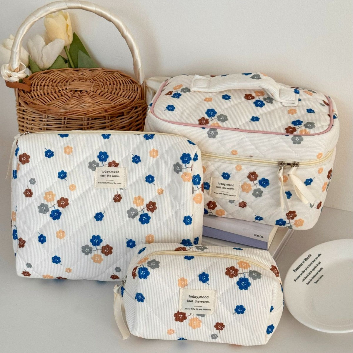 Floral Corduroy Makeup Bag Versatile Travel Organizer