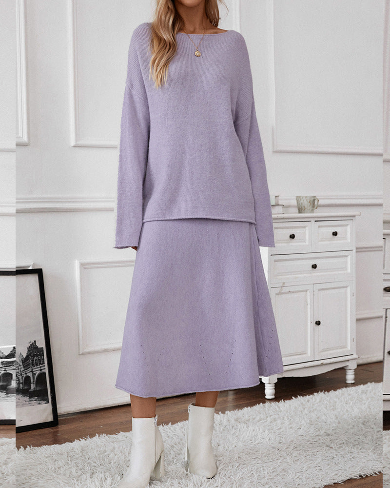 2 Pcs Fall Knit Loose Sweater Midi Skirt Set