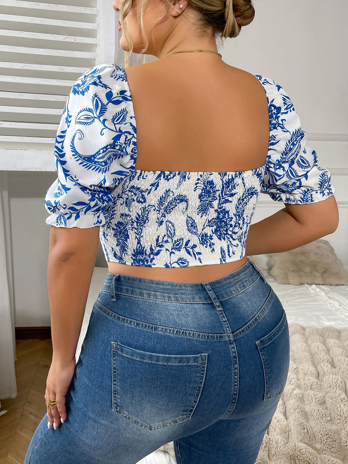 New Plus Size Floral Print Puff Sleeve Slim Fit Top