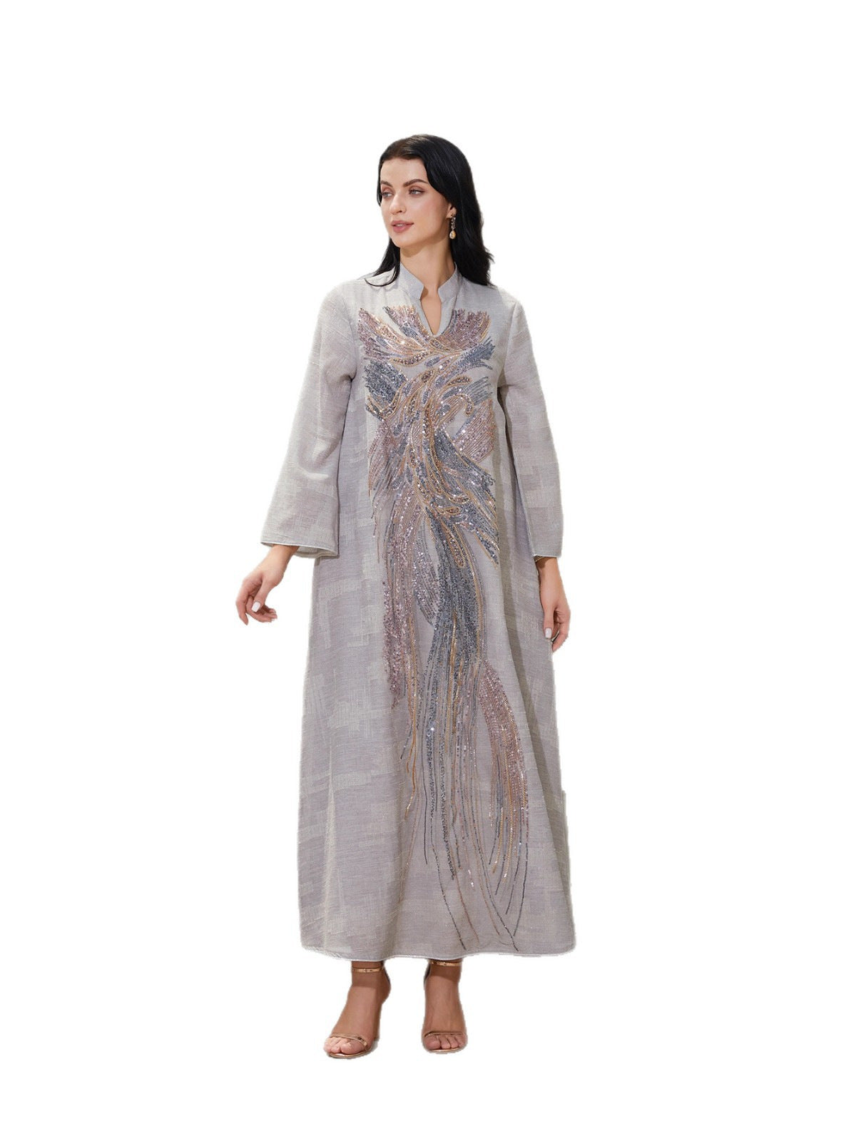 Elegant Mesh Sequin Abaya Maxi Dress for Women