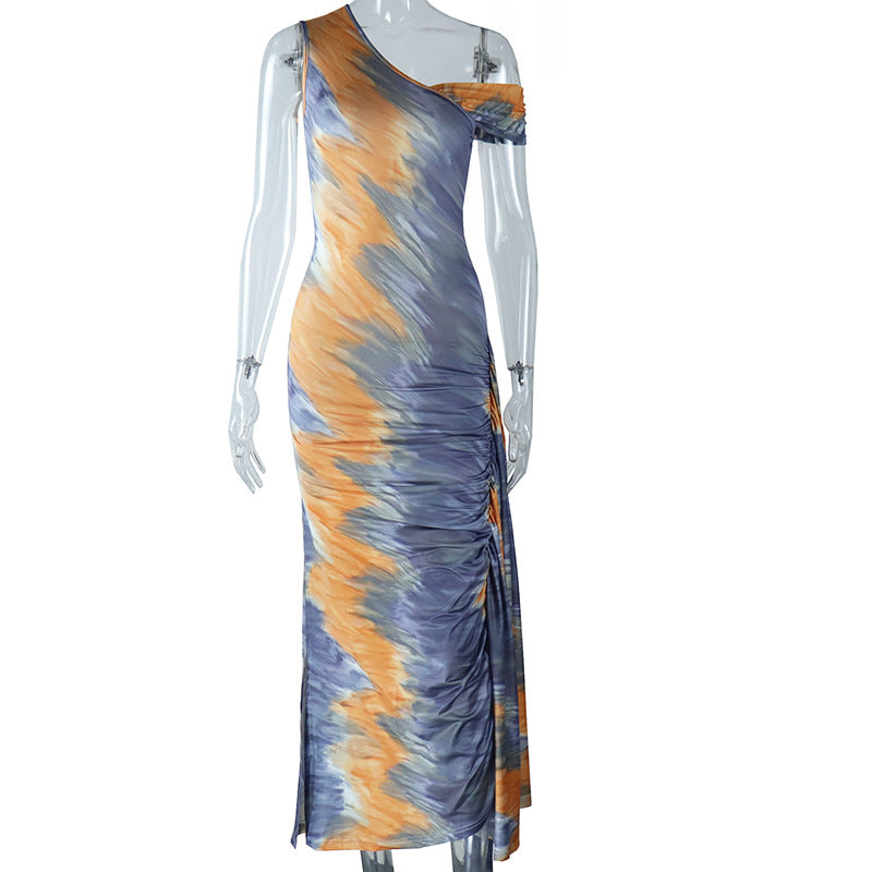 Bodycon Dress With Asymmetrical Neckline Printed Mid-Length Dress