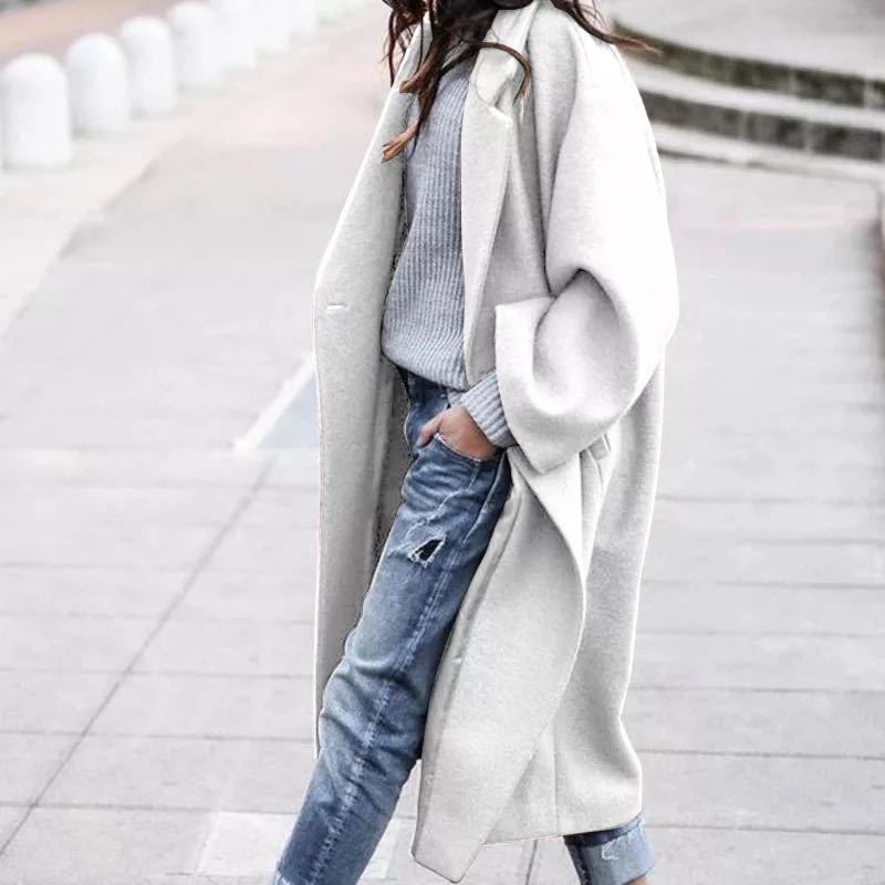 Classic Long Solid Color Wool Blend Coat For Women