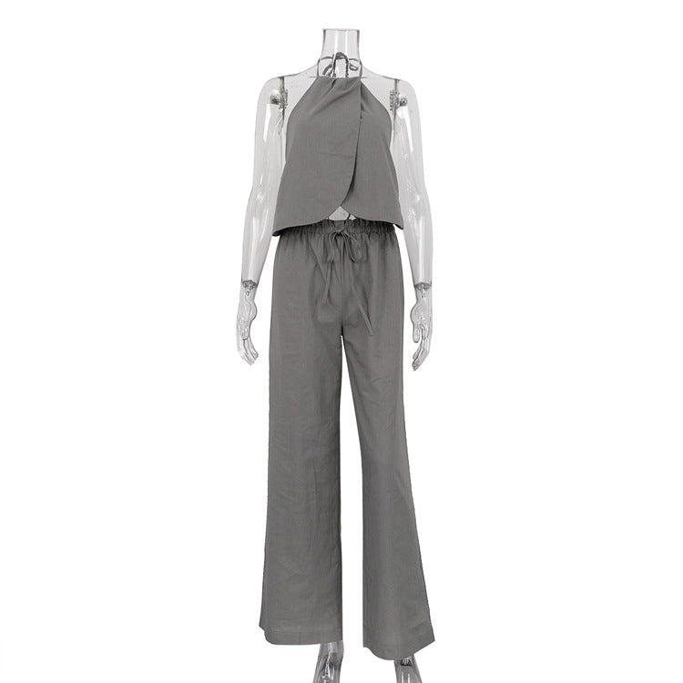 Sexy Two-Piece Set with Halter Neck Tank Top and Wide-Leg Pants