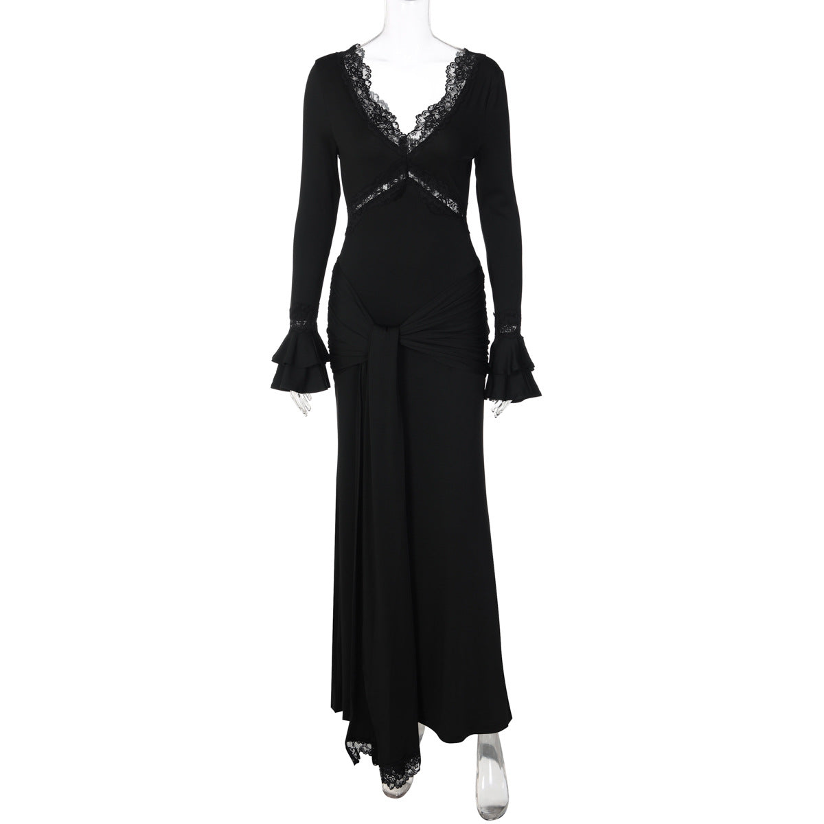 Elegant V-Neck Lace Trimmed Long Sleeve Dress