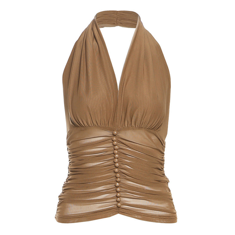 Sexy V-Neck Halter Crop Top With Sheer Ruffle