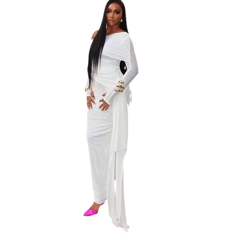 Solid Color Off-Shoulder Long Sleeve Dress With Sheer Mesh Insert
