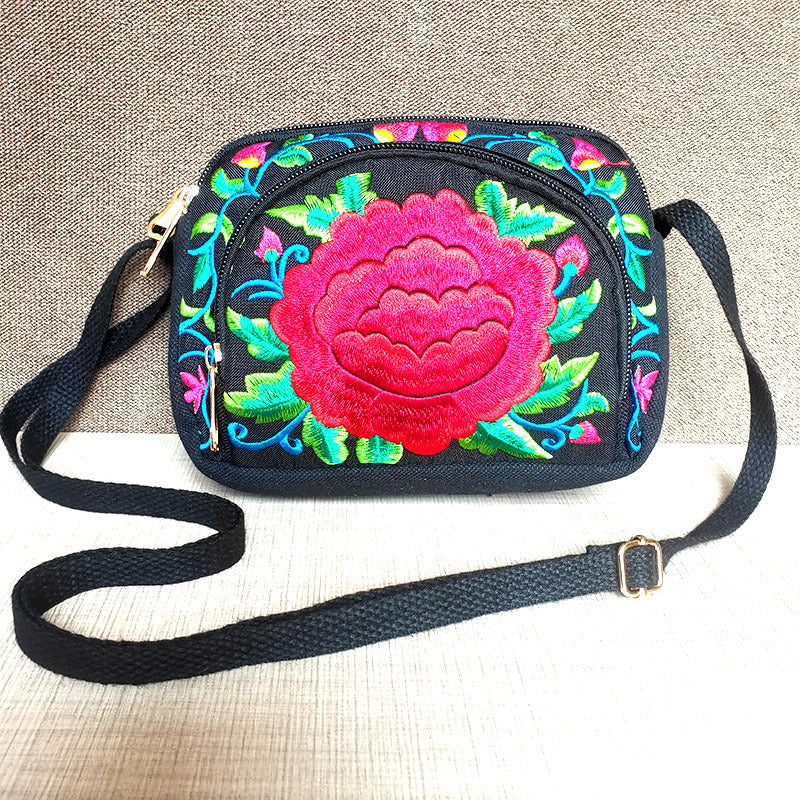 New Ethnic Style Embroidery Bag Women'S Embroidery Crossbody Three-Layer Zipper Shoulder Bag