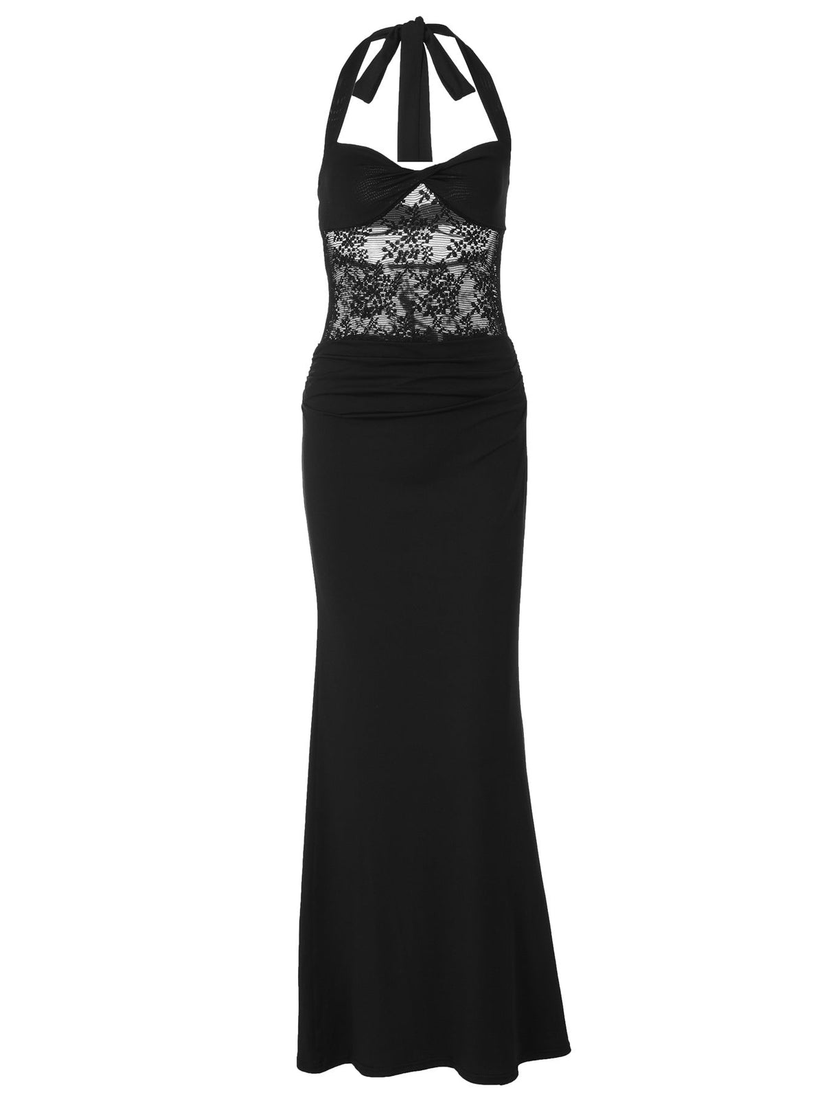 Elegant Black Lace-Trimmed Halter Bodycon Dress