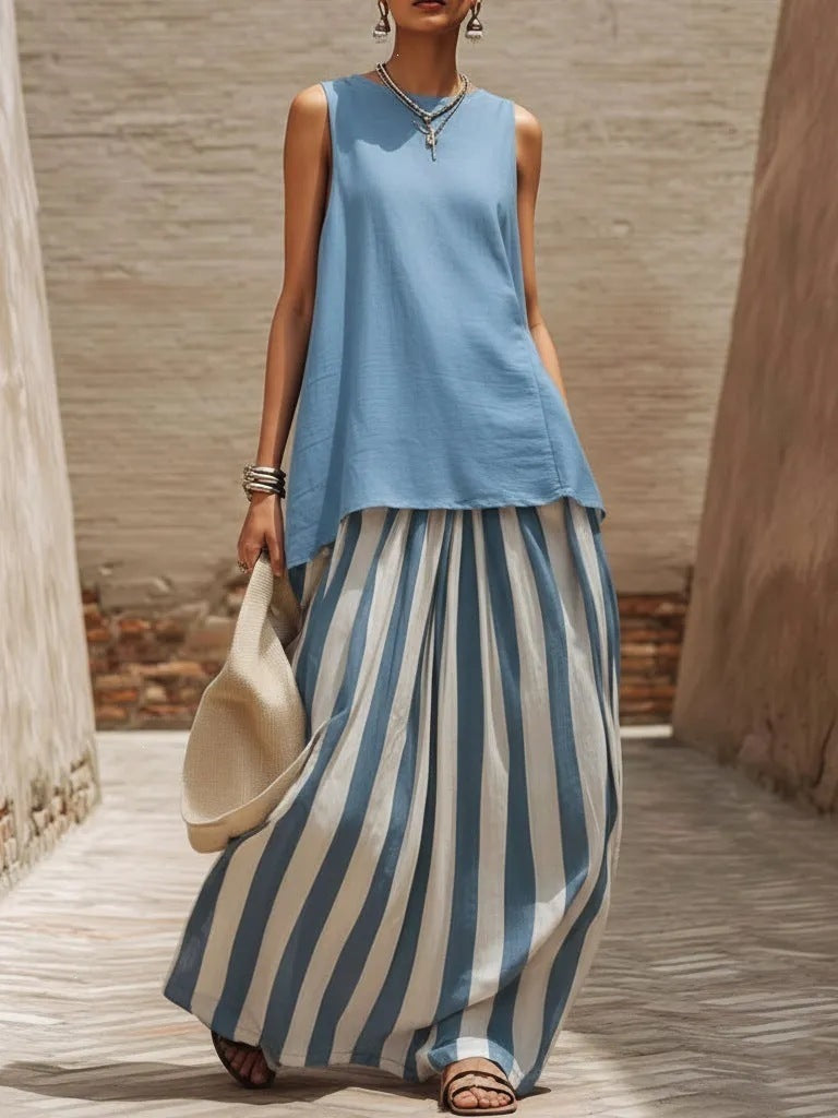Solid Tank Top Striped Maxi Skirt Matching Set