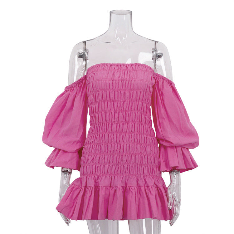 Pink Off-Shoulder Ruffle Short Dress