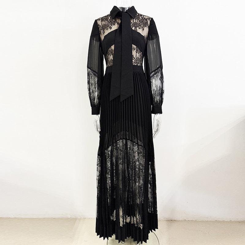 Lace Pleated Maxi Dress Elegant Casual Style