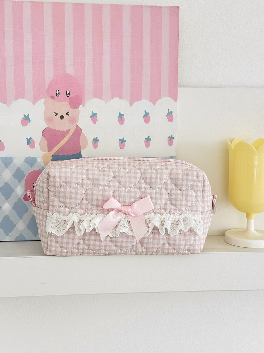 Pastel Blue Plaid Lace Makeup Bag Stylish Quilted Storage