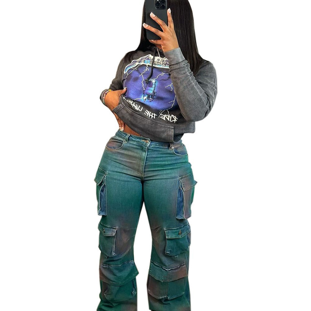 Trendy High-Waist Tie-Dye Denim Cargo Pants