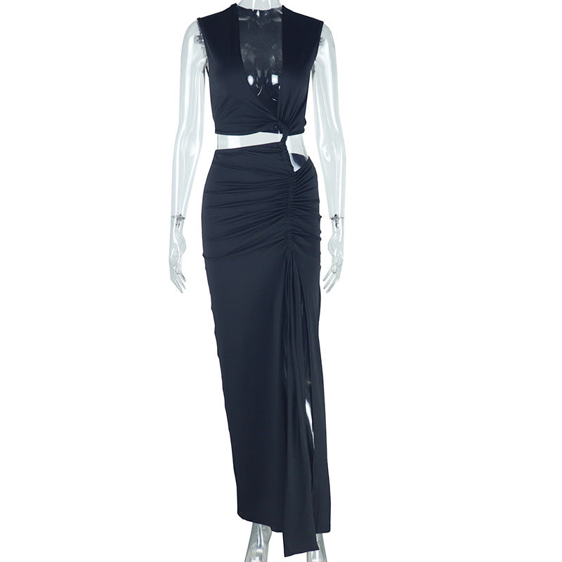 Milk Silk Asymmetrical Long Dress With V-Neck