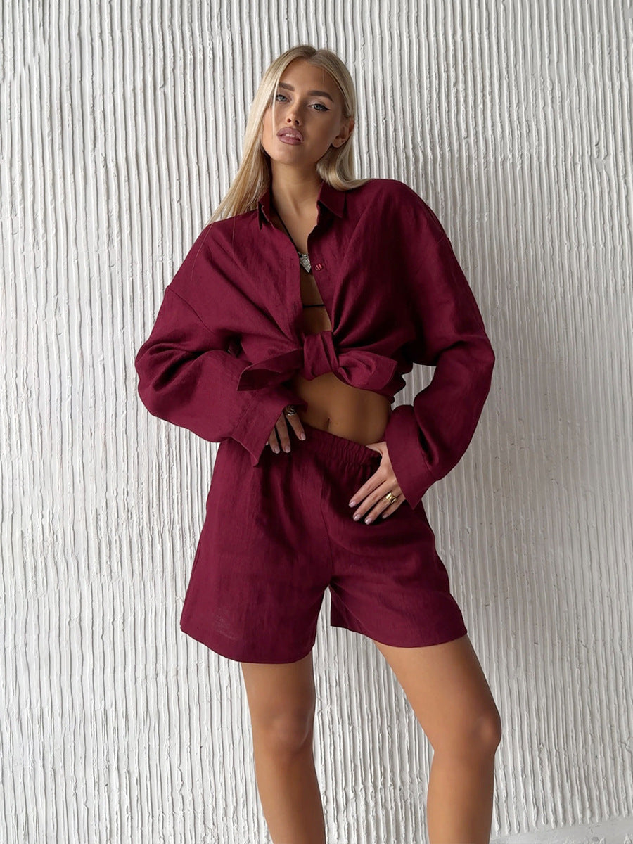 Cotton Long Sleeve Cardigan And Shorts Set Casual Chic