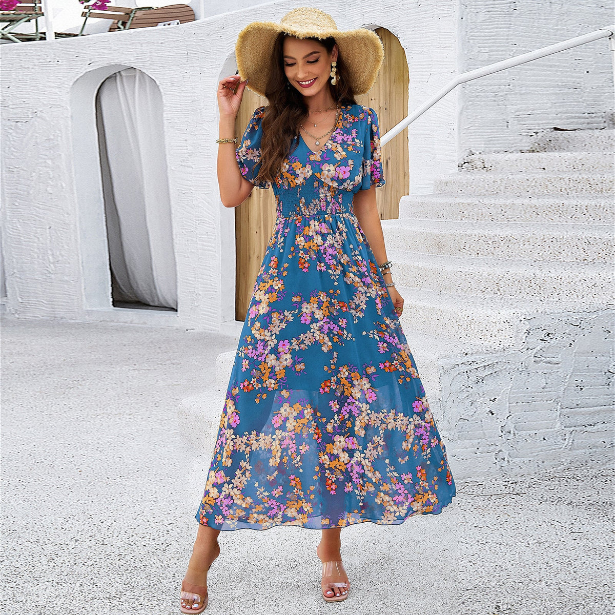 Floral Print Waist-Defining Short Sleeve Dress
