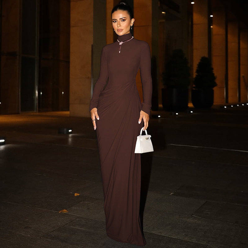Elegant V-Neck Button Back Long Sleeve Dress