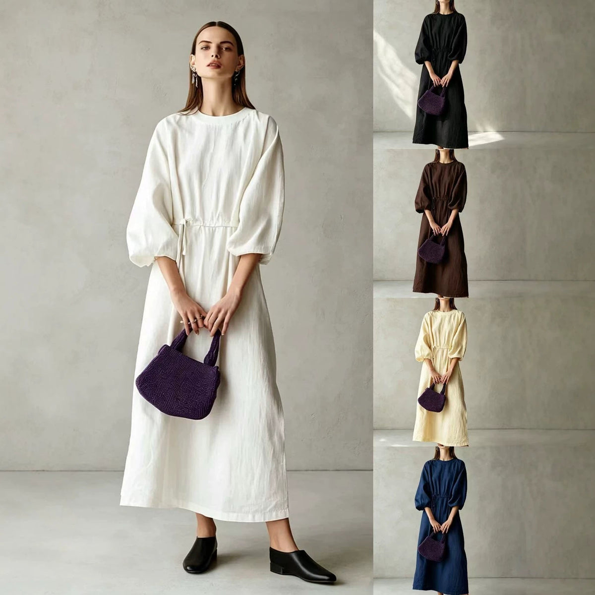 Women's Cream Textured Cotton-Blend Maxi Gown With Drop Shoulder Lantern Sleeves & Self Tie Waist Detail, Modern Effortless-Chic Everyday Maxi Dress