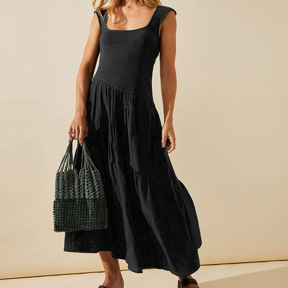 French Style Elegant A-Line Maxi Dress With U-Neck Design