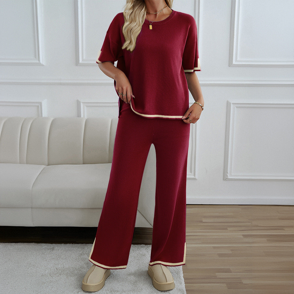 Casual Elegant Short Sleeve Knit Set with Pants