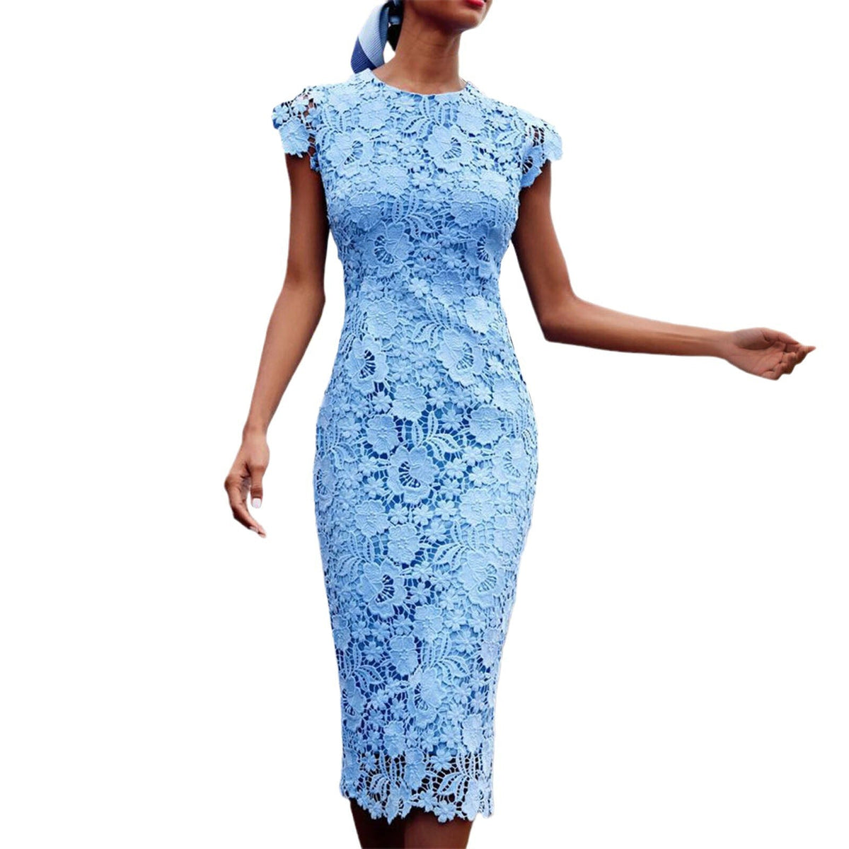 Elegant Lace Midi Dress With Round Neck Short Sleeves