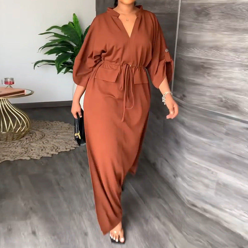 Women'S Casual Fashion Stand-Up Collar Split Length Dress Solid Color Dress