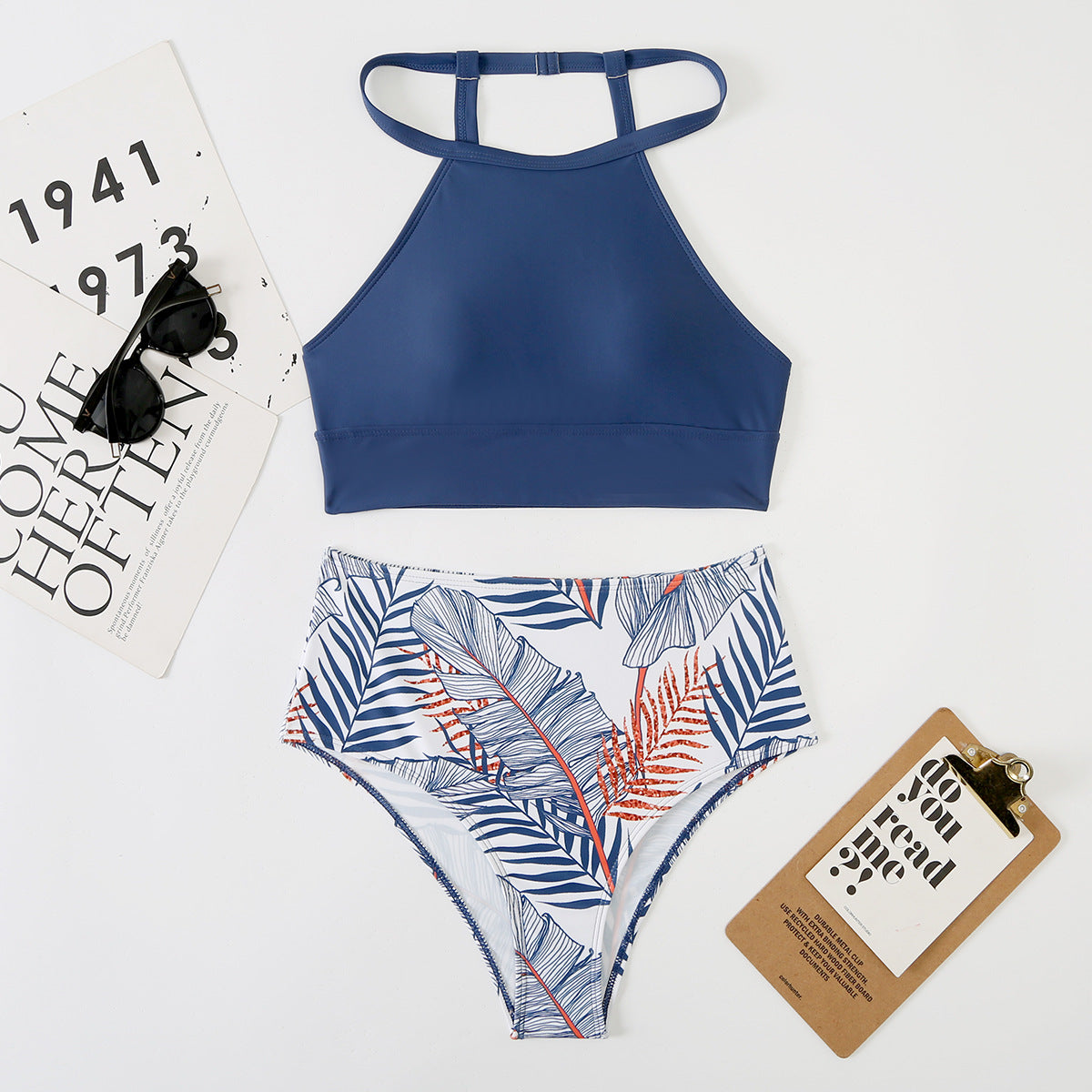 Swimsuit Women'S Split High Waist Leaf Print Solid Color Bikini