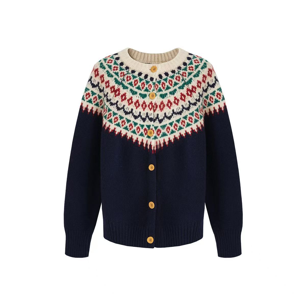 Vintage Jacquard Crew Neck Knit Cardigan