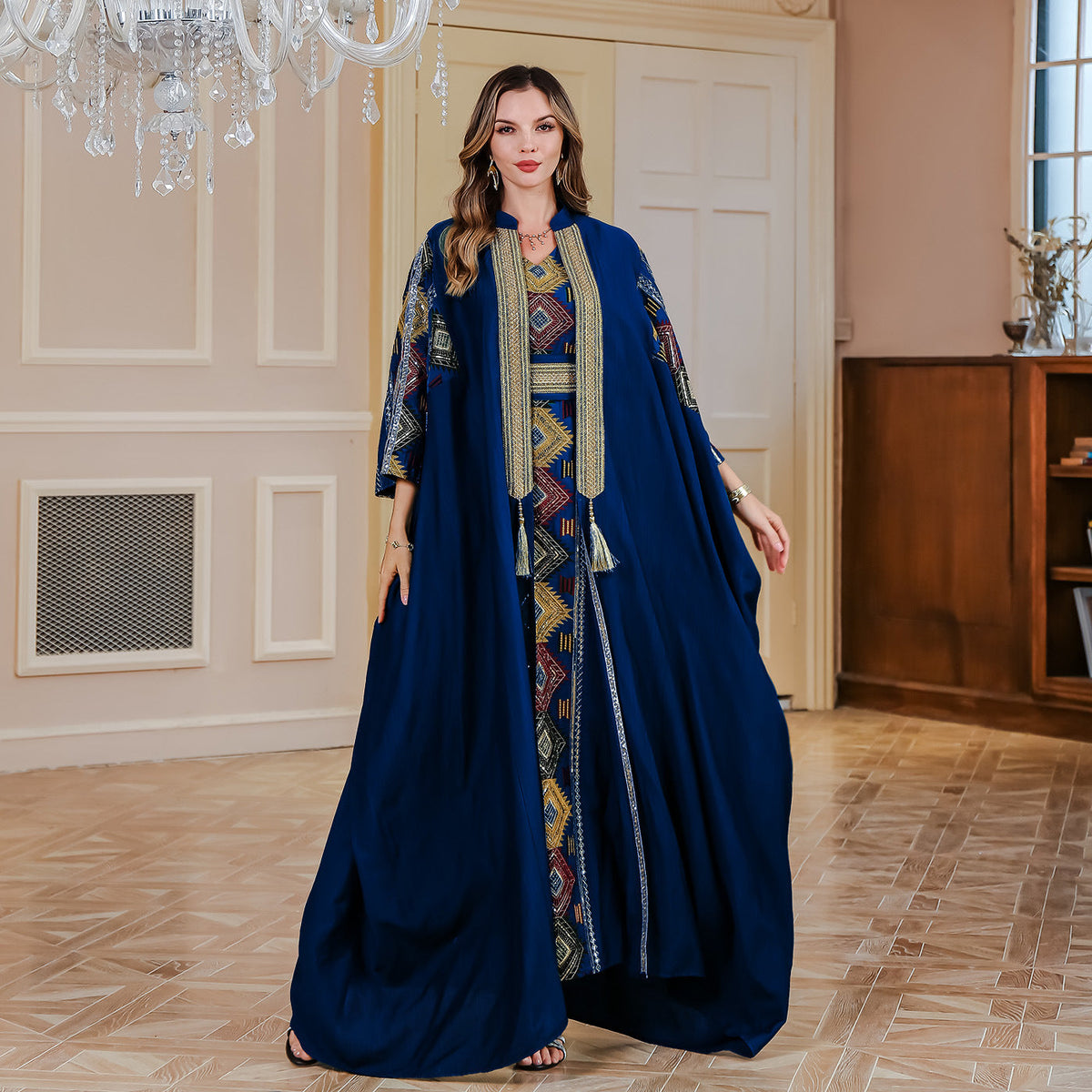 Embroidered Muslim Abaya Dress Set with Elegant Long Robe