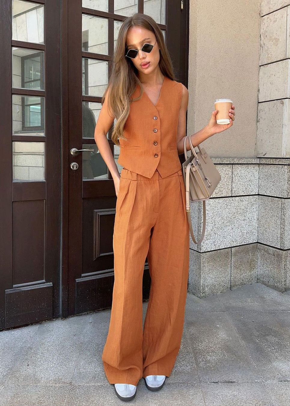 Linen Vest And Wide Leg Pants Set With Soft Pleats