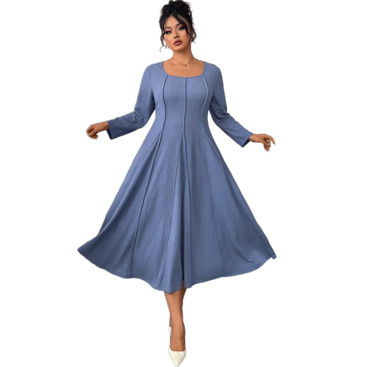 Plus Size Long Sleeve Printed Maxi Dress With Square Neck