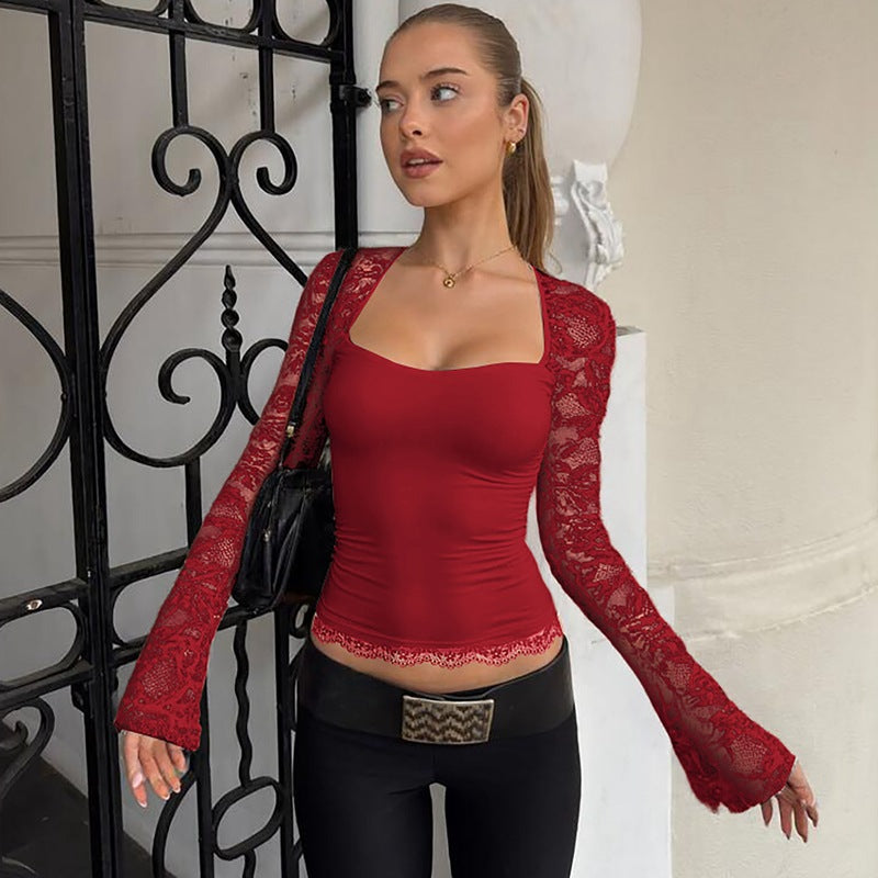 Fashionable Sexy Lace Hollow Long Sleeve Top