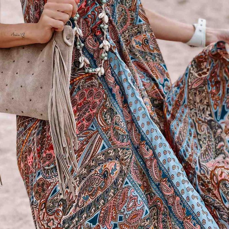 Printed Neck V-Neck Bohemian Dress