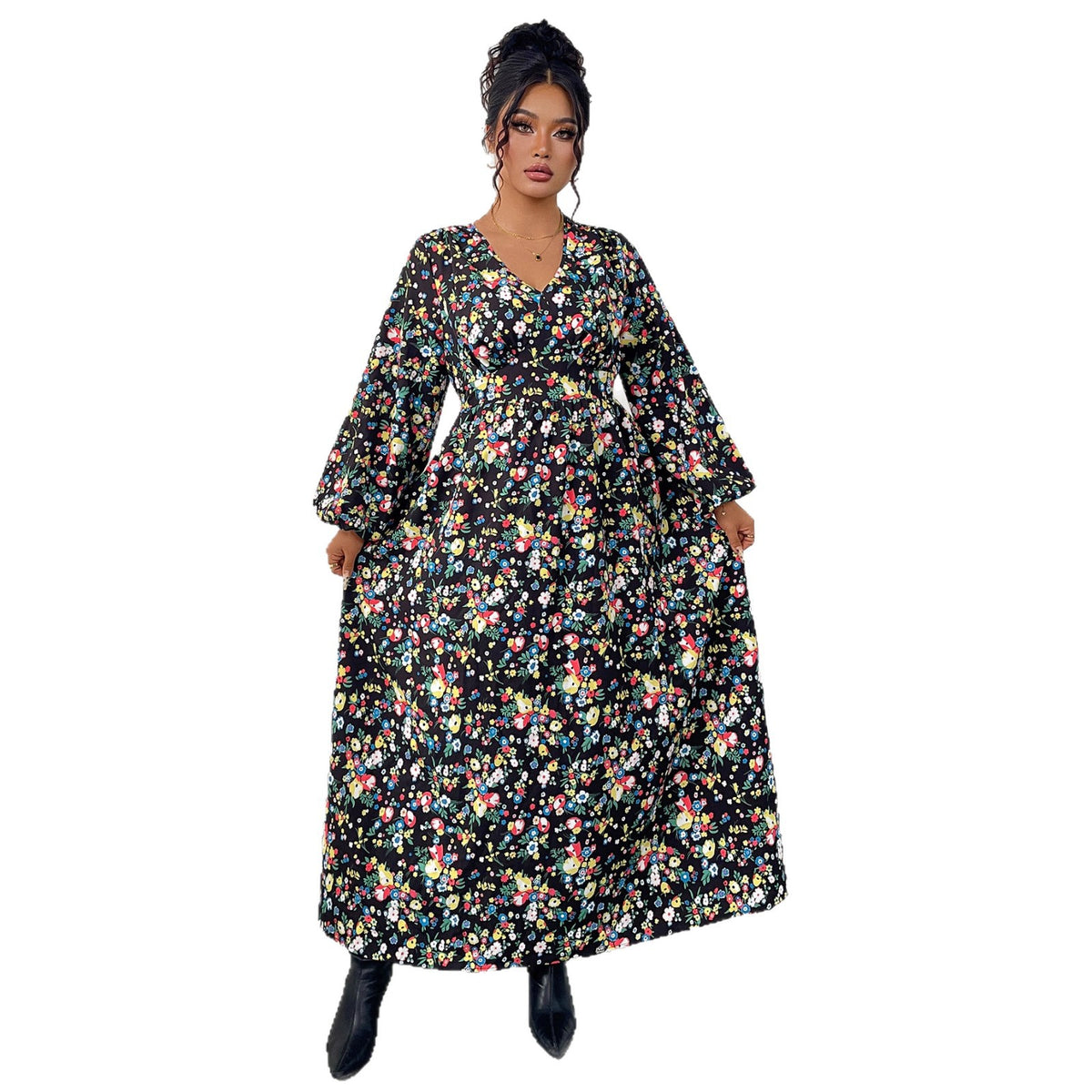 Printed V-Neck High-Waist Loose Maxi Dress